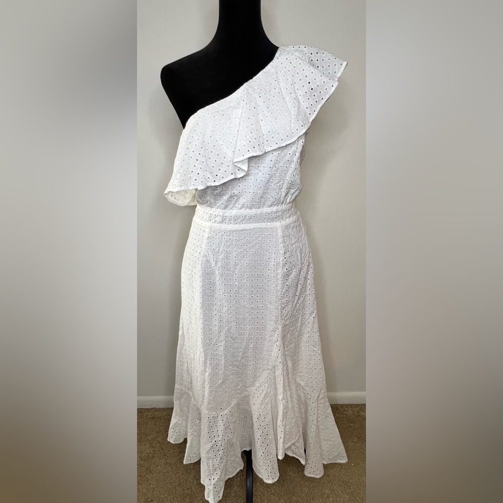 NWT Mink Pink white one shoulder ruffle eyelet midi dress cottagecore beach sm